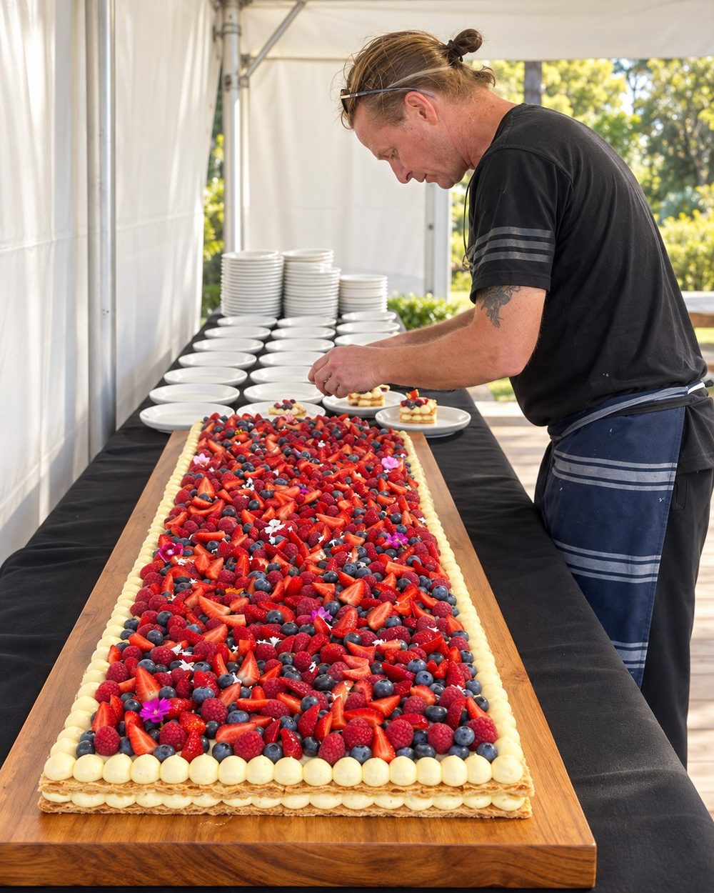Colin finishing a long berry and custard slice for a marquee event